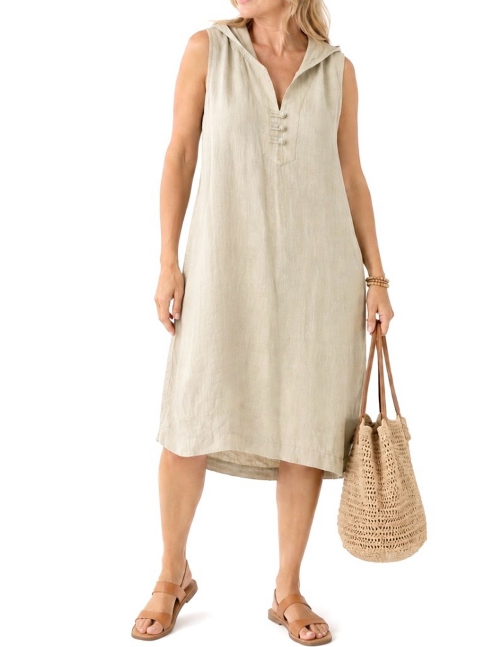 J. JILL 100% Linen Sleeveless Shift Dress Relaxed Hooded Travel Casual Khaki | M - Picture 1 of 9